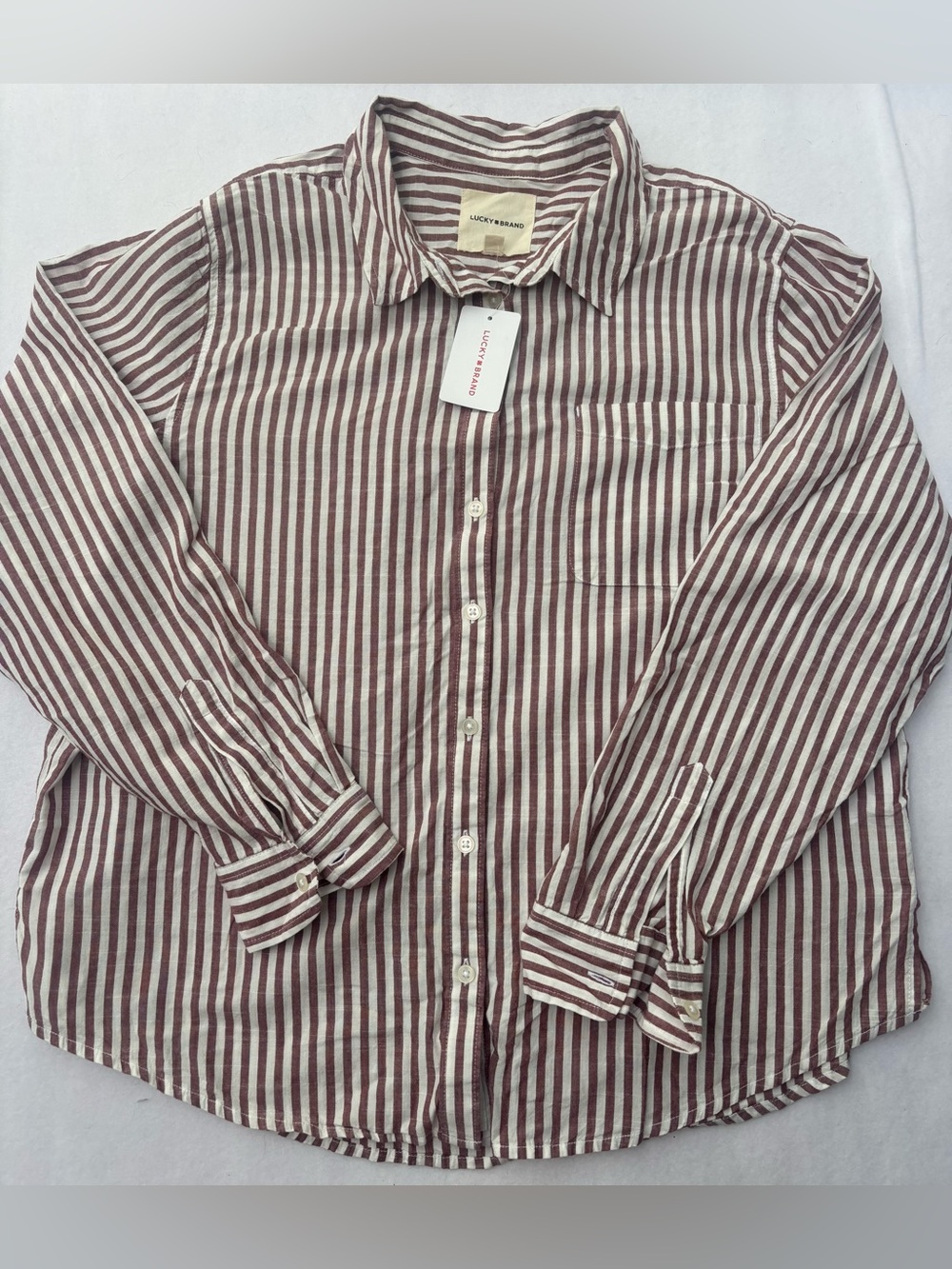 Lucky Brand Burgundy and White Vertical Stripe Button-Down Shirt 100% Cotton